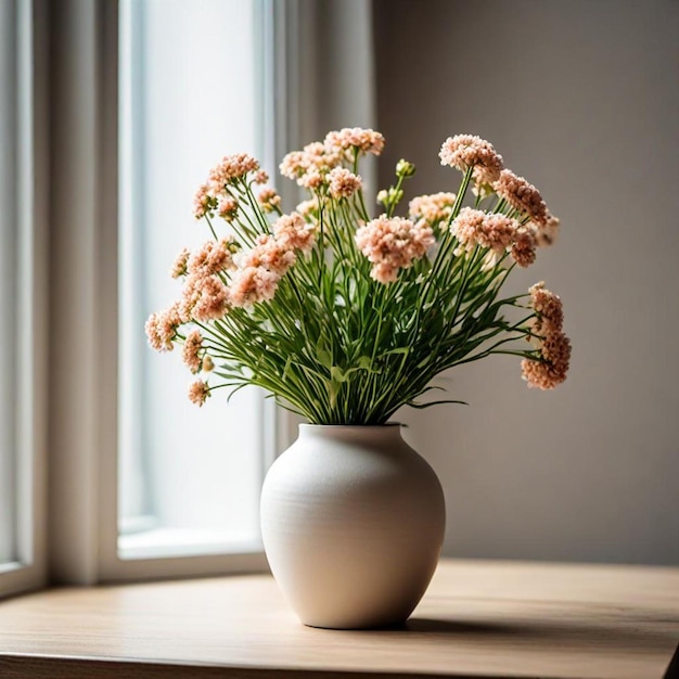 a vase with pink flowers in it and a window behind it