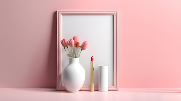 a vase with pink flowers and a red lipstick makeup