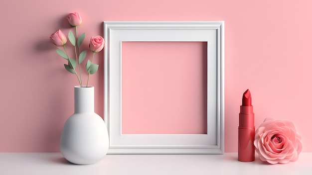 a vase with a pink rose red lipstick and a white picture frame