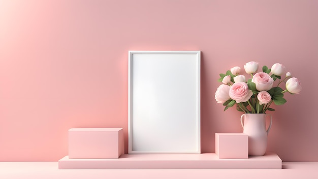 a vase with pink roses and a picture frame on a shelf for beauty concept