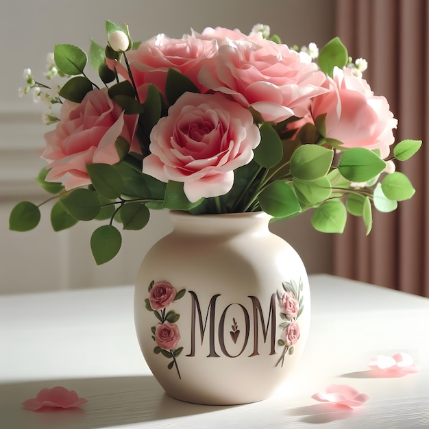 a vase with pink roses and a white vase with the word mom on it