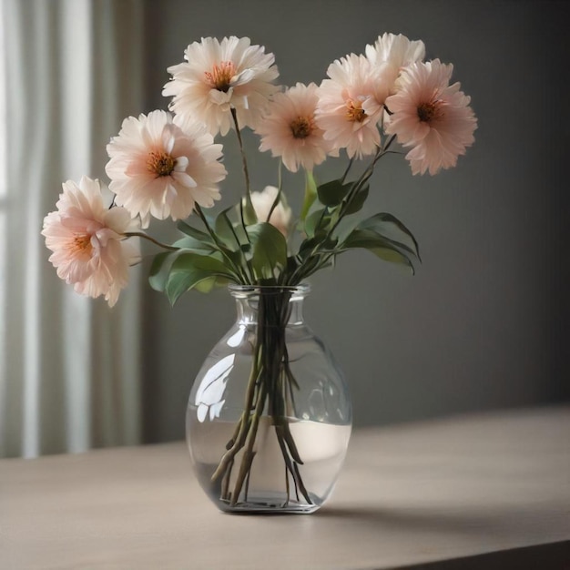 a vase with pink and white flowers in it on a table