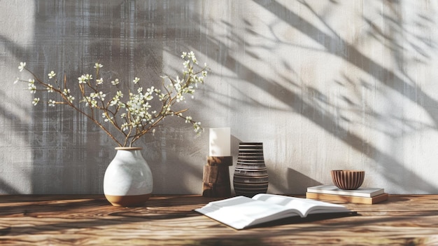 a vase with a plant on it and a book on the table