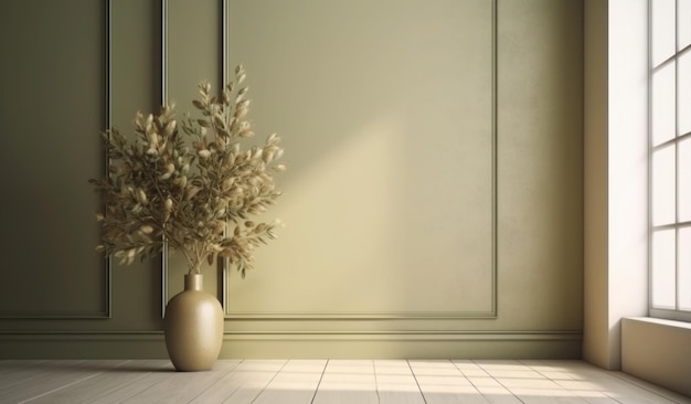 A vase with a plant in it is on a wooden floor.