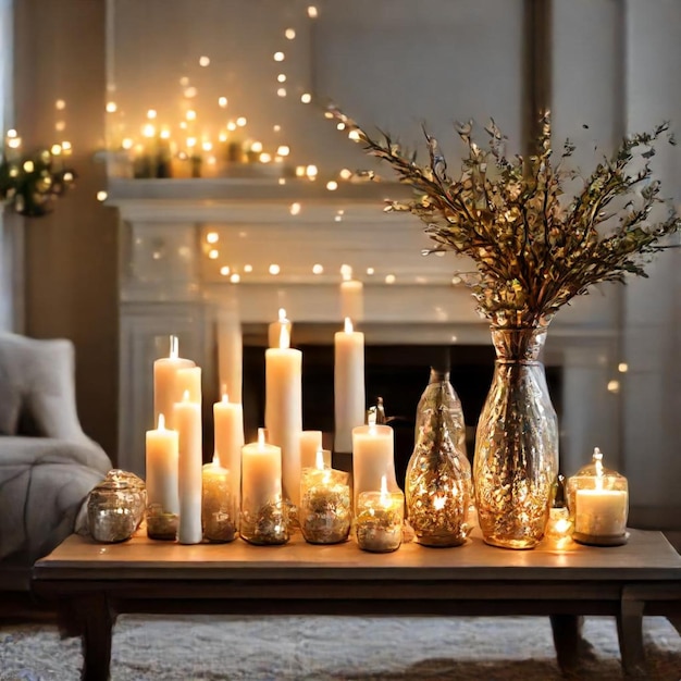 a vase with a plant in it sits on a table with candles and a vase with a plant in it