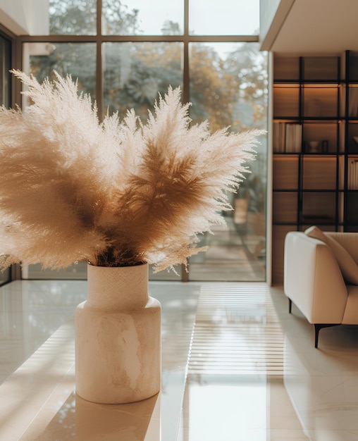 A vase with a plant in it on a table in front of a window with a view of a living room