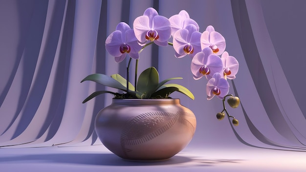 a vase with purple flowers and a brown and white background