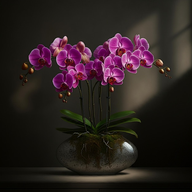 a vase with purple flowers and green leaves in the sunlight