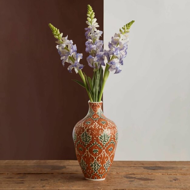 Photo a vase with purple flowers in it and a brown background