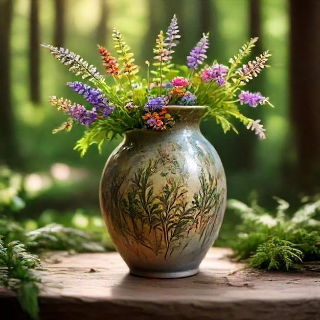 a vase with purple flowers on it and some green leaves