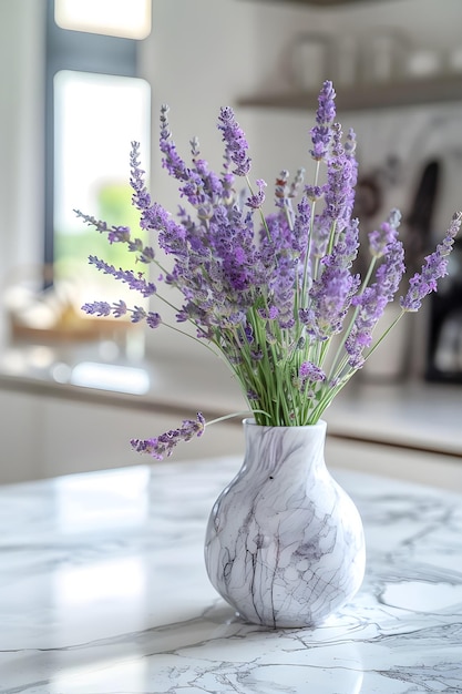 Photo a vase with purple flowers on a marble table