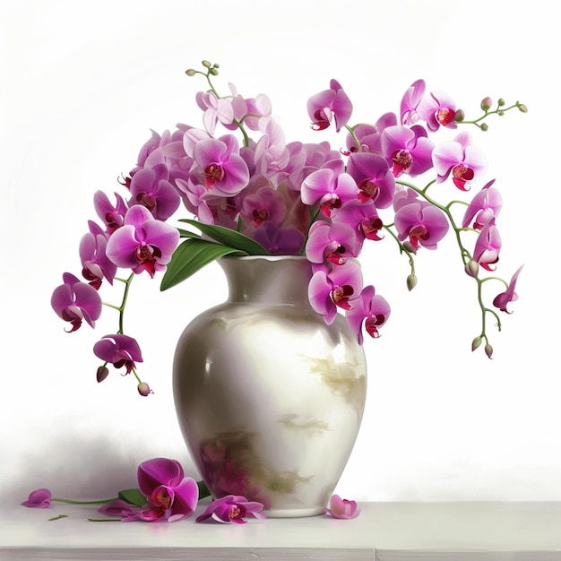 A vase with purple orchids and leaves on a table.