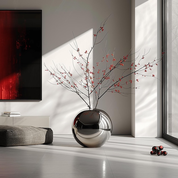 a vase with a red flower in it sits in front of a window