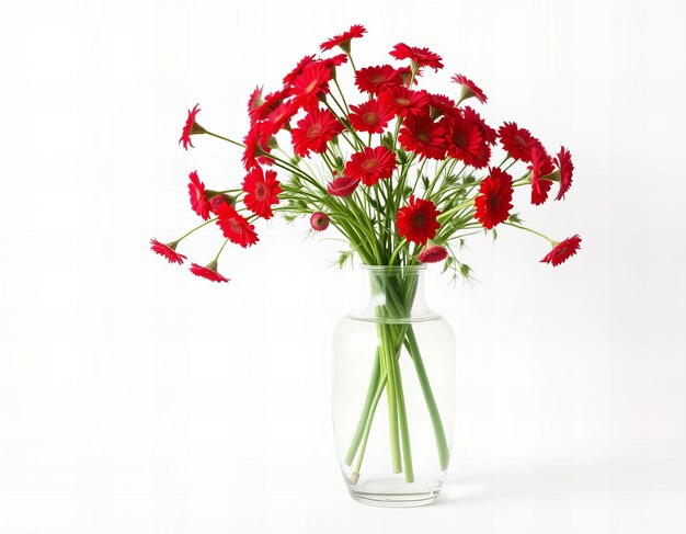 a vase with red flowers in it and a white background