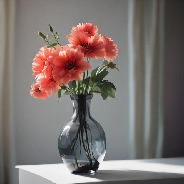 a vase with red flowers on a table and a white curtain