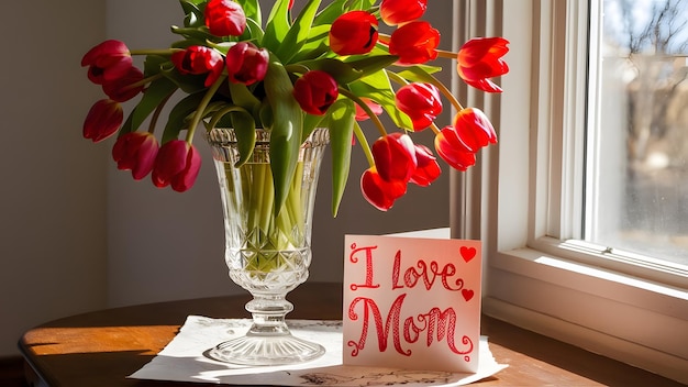 a vase with red tulips and a card that says i love mom