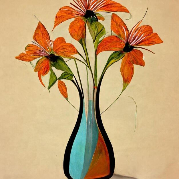 Vase with spring orange flowers bouquet in minimalist vintage style