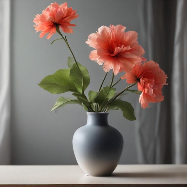 a vase with three flowers in it and one has a white curtain in the background