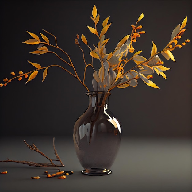 A vase with a tree branch is on the floor Generative AI