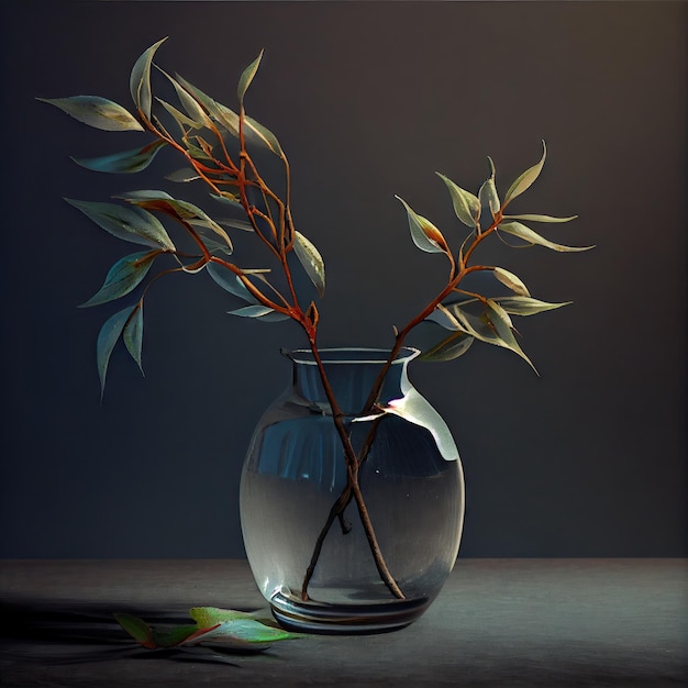 A vase with a tree branch is on the floor Generative AI