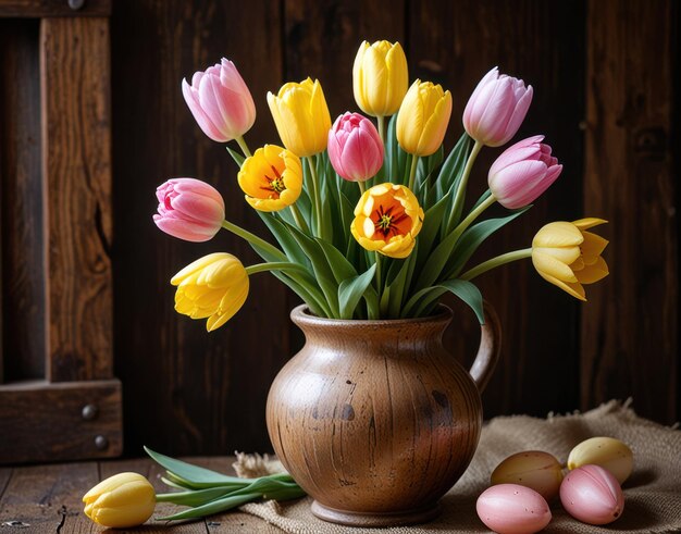 Photo a vase with tulips and a bunch of flowers in it