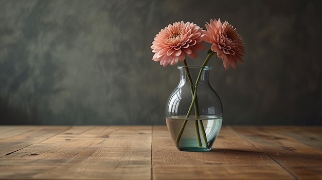 a vase with two pink flowers on a wooden table