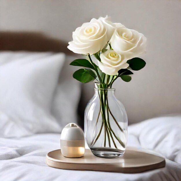 a vase with white roses and a small egg on a tray