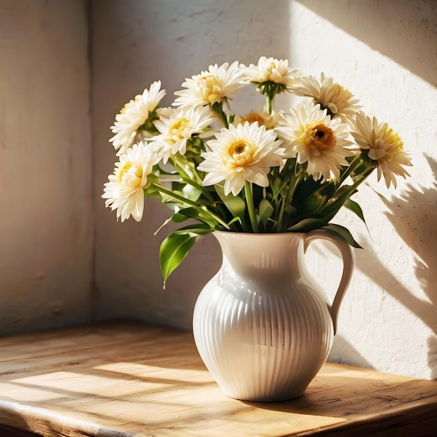 a vase with white and yellow and white flowers on a table ai generate