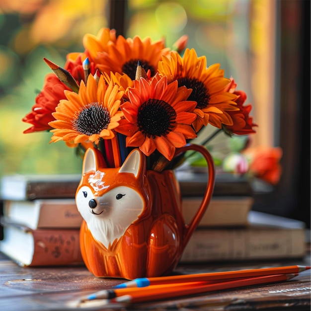 a vase with a wolf on it and flowers in it