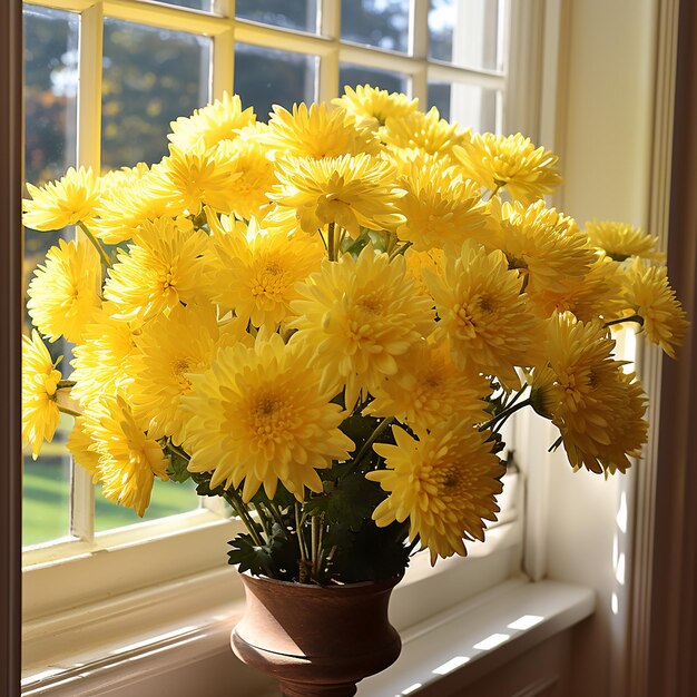 Photo a vase with yellow flowers in front of a window