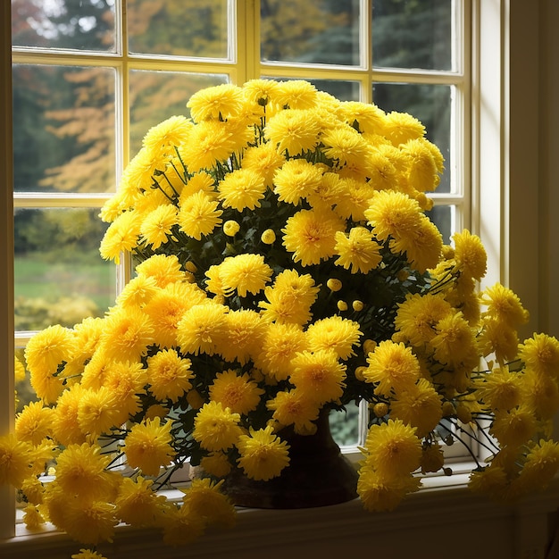 Photo a vase with yellow flowers in front of a window