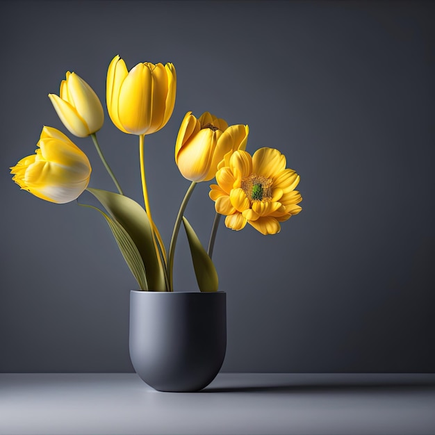 a vase with yellow flowers in it and a black background.