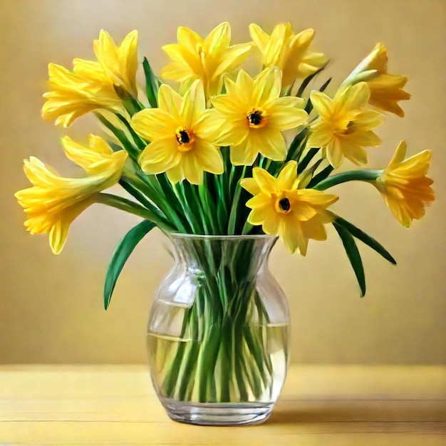 a vase with yellow flowers in it and the word daffodils in the bottom