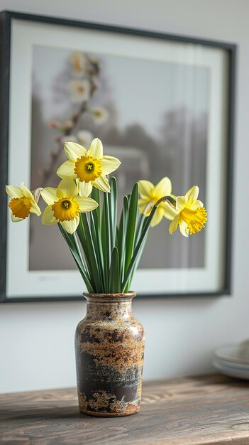 Photo a vase of yellow daffodils placed artistically