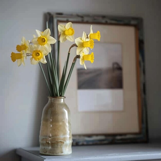 Photo a vase of yellow daffodils placed artistically