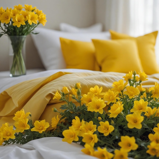 a vase of yellow flowers on a bed with a vase of flowers