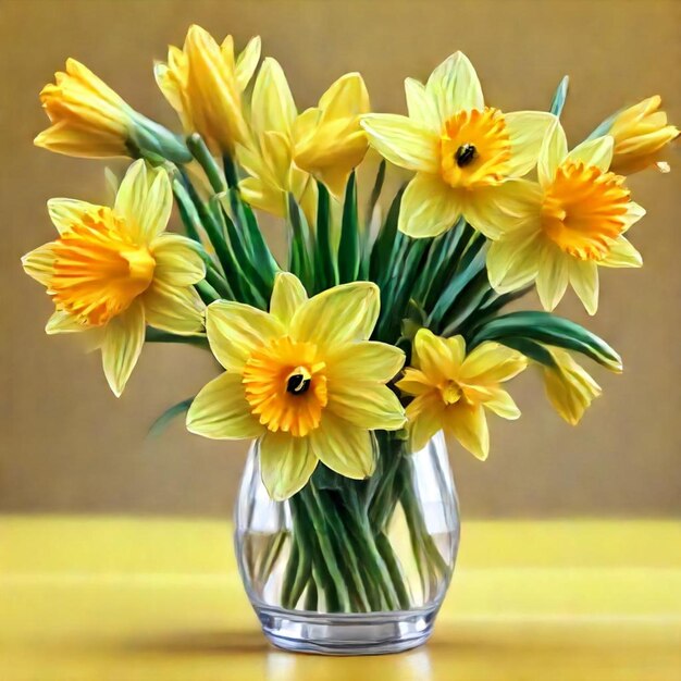 a vase of yellow flowers with green leaves in it