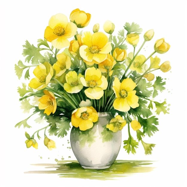 A vase of yellow flowers with green leaves and a white background.