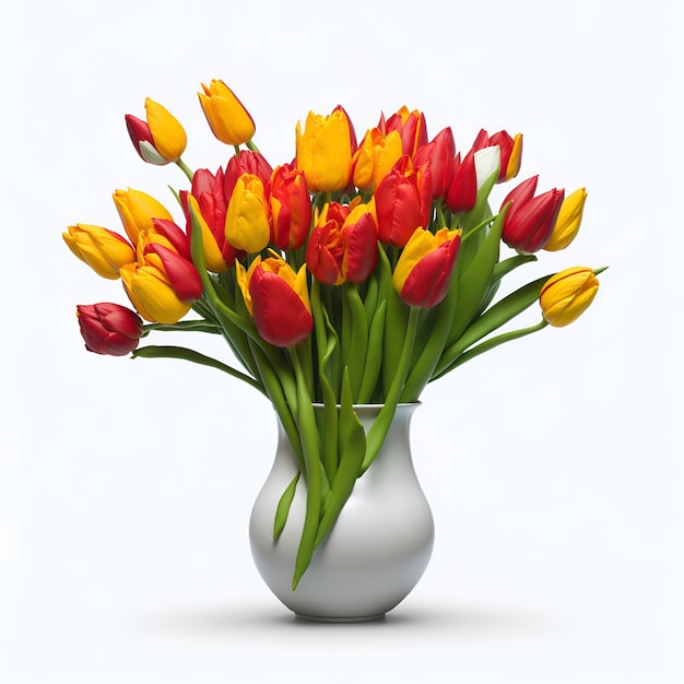 A vase of yellow and red tulips is shown.