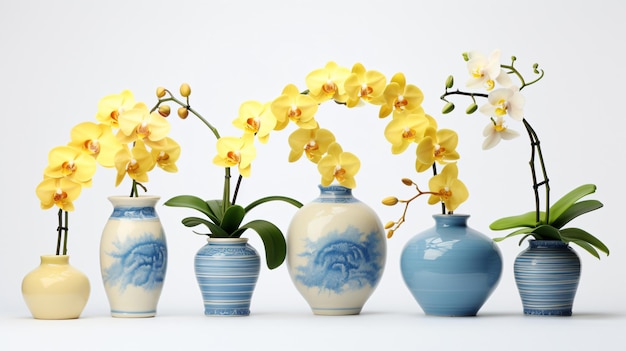 Vases of orchid flowers in blue and yellow