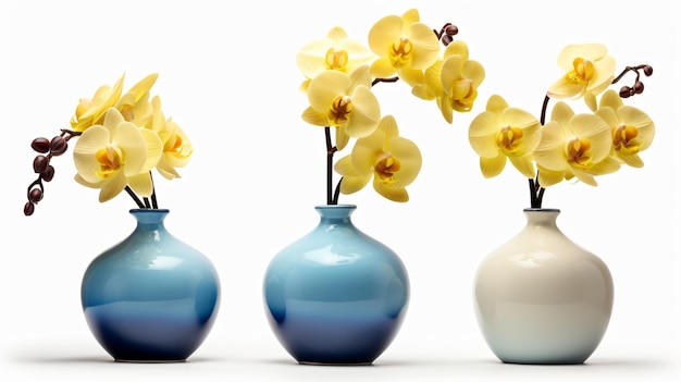 Vases of orchid flowers in blue and yellow