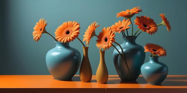 Photo the vases with orange flowers on a shelf