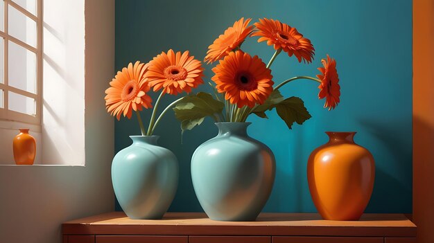 The vases with orange flowers on a shelf