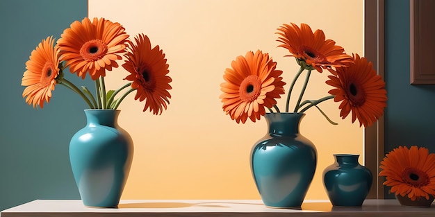 The vases with orange flowers on a shelf