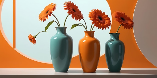 Photo the vases with orange flowers on a shelf