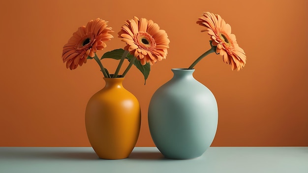 Photo the vases with orange flowers on a shelf