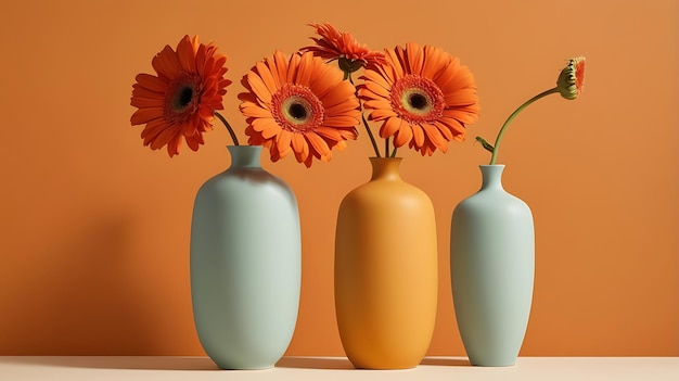 Photo the vases with orange flowers on a shelf