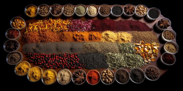 Photo vast array of different spices photojournalism aerial top view of field chroma studio lighting