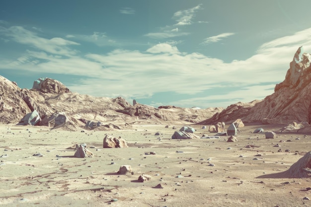 A vast barren landscape under a bright sky with rugged rocky formations and a desolate almost otherworldly feel