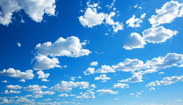 Vast clear blue sky with soft white clouds exemplifying tranquility of bright sunny day in broad